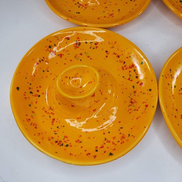 Egg Holder Plate Bowl Pottery Set Of 4 Speckled Yellow Hand Painted Handmade - Picture 7 of 14